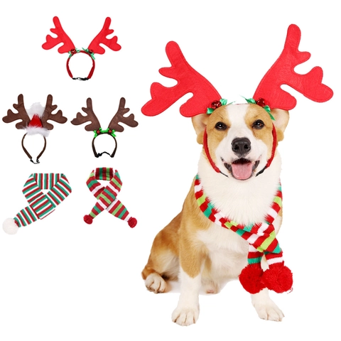 Weihnachts Haustier Zubehör Rentier Geweih Stirnband Mit Glocken Und Gestreifter Strickschal Für Hunde Katzen Festlich