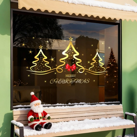 Autocollant Fenêtre Noël Statique Arbre Doré Nœud Rouge Double Face Impression UV Décoration Vitre Fête