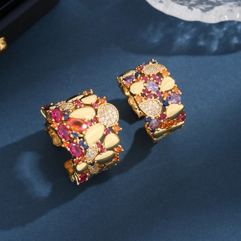 Wide Band Copper Ring Multi Color Zircon Open Adjustable Hollow Out Geometric Light Luxury Fashion Jewelry For Women