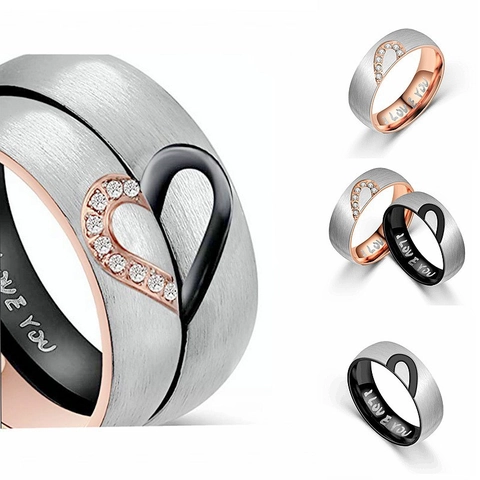 Edelstahl Herz Strass Eingelegter Ring I Love You Gravur Mode Unisex Paar Fingerring Liebhaber Schmuck Geschenk