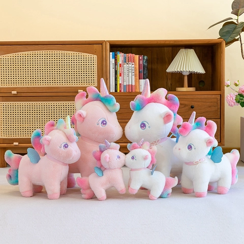 Cute Unicorn Plush Toy Soft Stuffed Animal Rainbow Mane Tail Wings Glitter Horn Artificial Pearl Necklace For Home Decor Birthday