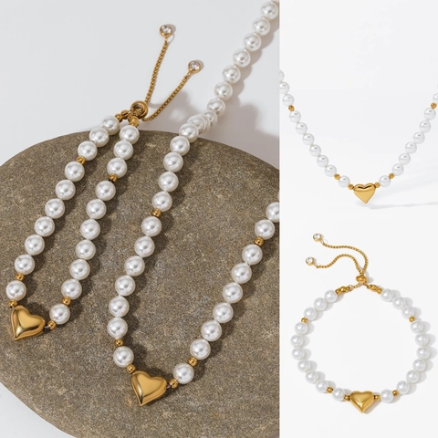 Collana E Bracciale Con Ciondolo A Cuore Gioielli Acciaio Inossidabile Perla Artificial Regolabile Elegante Regalo Per Donne Moda