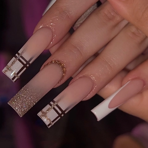 Extra Long Press On Nails Square Fake Nails Brown White Checkered Pattern French Tip With Rhinestones Glitter For Women