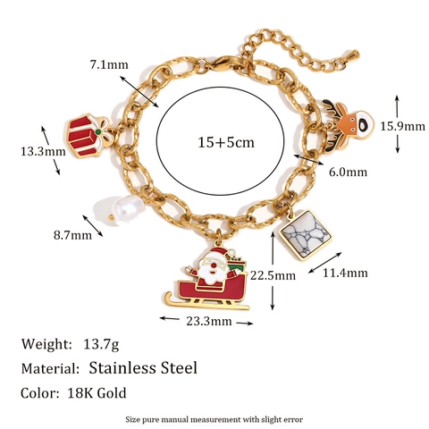 Weihnachts Charm Armband 18K Vergoldet Edelstahl Weihnachtsmann Rentier Emaille Künstliche Perle Schmuck Für Damen Feiertag