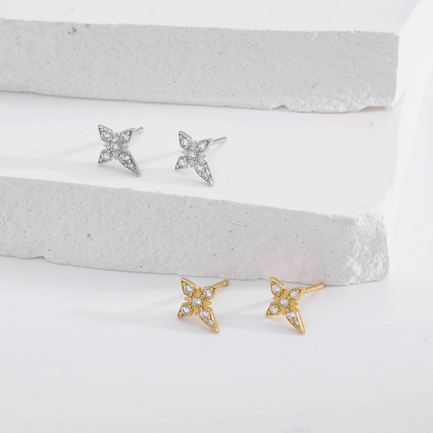 925 Sterling Silver Four Pointed Star Stud Earrings Zirconia Inlaid Gold Silver Plated Star Ear Studs For Women Fashion Jewelry