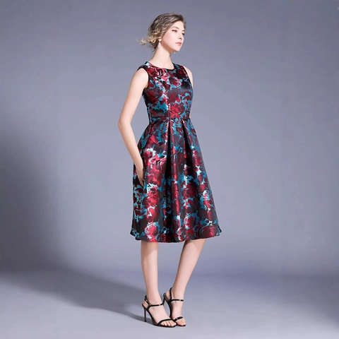Vestito Midi Senza Maniche Stampa Floreale Retro Girocollo Vestibilità Aderente Linea A Jacquard Satine Elegante