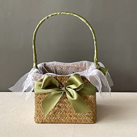 Hand Woven Seagrass Basket Square Gift Packaging Ribbon Bow Tulle Mesh Wedding Party Souvenir Flower Holder Handle Decor