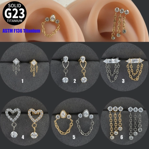 G23 Titanium Lip Stud Internal Thread Heart Square Zircon Chain Tassel Labret Piercing Jewelry For Ear Cartilage