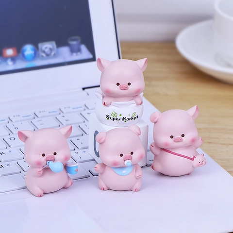 Cute Cartoon Pink Piggy Resin Figurines Miniature Desktop Ornaments For Car Dashboard Office Home Decor Kawaii Animal Statues