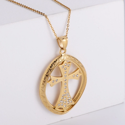 Joyas De Cruz Religiosa Que Incluyen Collar Y Pendientes De Acero Inoxidable Chapado En Oro De 18K Con Piedras De Estrás Blancas Diseño Ovalado Hueco Vintage Para Mujer