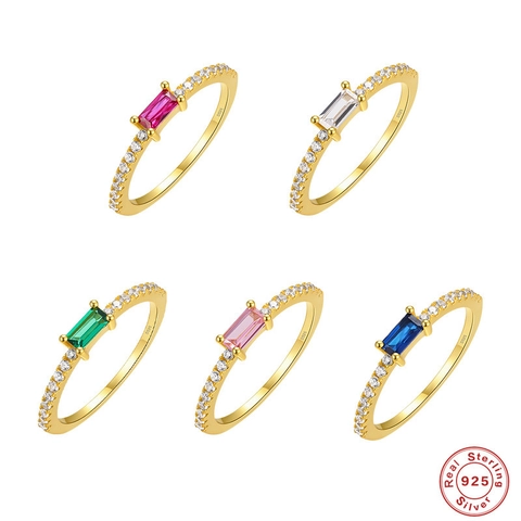 Anello In Argento Sterling 925 Placcato Oro Zirconia Pietra Colorata Taglio Baguette Gioielli Minimalisti Delicati Per Donna Fidanzamento