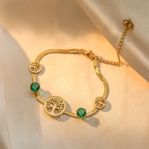 Filigranes Gold Titanstahl Lebensbaum Armband Für Damen Mit Grünen Zirkonia Schlangenkette Schmuck Herz Anhänger Geschenk