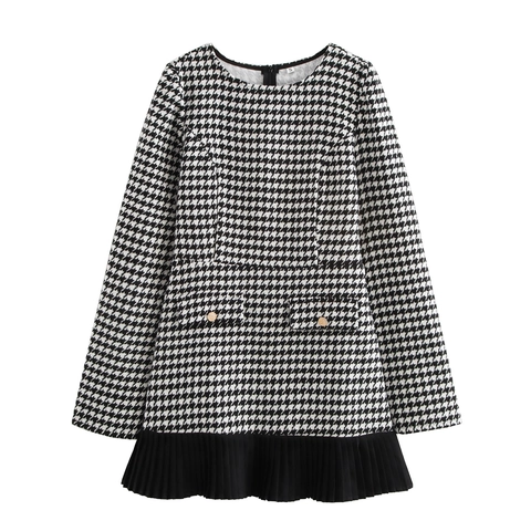Houndstooth Tweed Minikleid Langarm Rundhals Plissee Saum Goldknöpfe Elegant Herbst Winter Outfit
