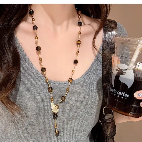 Collana Lunga A Y Vintage Perline In Pietra Occhio Di Tigre Lega Placcata Oro Pendente Foglia Zircone Catena Maglione Donna