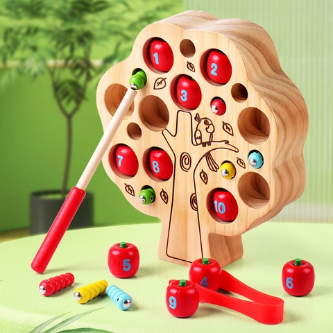 Wooden Magnetic Bug Catching And Apple Picking Game Toy For Toddlers Number Recognition Sensory Early Educational Activity