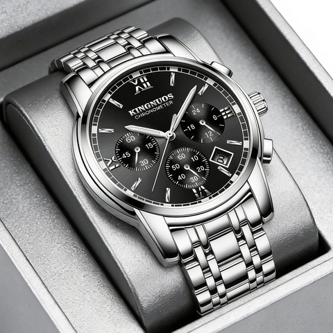 KINGNUOS Luxe Heren Quartzhorloge Roestvrijstalen Band Lederen Band Lichtgevende Kalender Zakelijke Mode Jurk Polshorloge