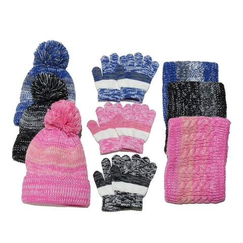 Berretto Sciarpa E Guanti In Maglia Per Bambini Inverno Caldo Rigato Acrilico Foderato In Pile Beanie Con Pompon Scaldacollo