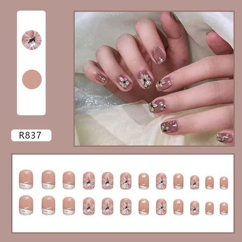 Press On Nagels Kort Rond Nude Roze Camelia Bloem Ontwerp Handgeschilderd Glanzend ABS Afneembare Kunstnagels Voor Dames