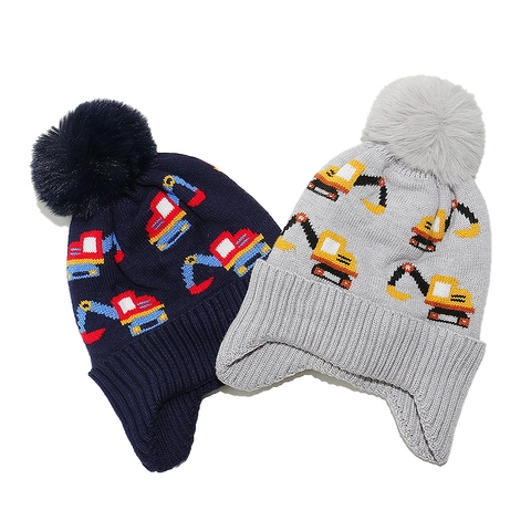 Kids Knitted Winter Hat With Ear Flaps Fleece Lined Excavator Pattern Pom Pom Warm Beanie For Boys
