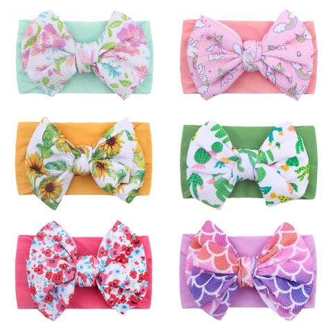 Baby Headband Nylon Elastic Soft Large Bow Knot Floral Print Infant Toddler Turban Hair Band Cute Headwrap