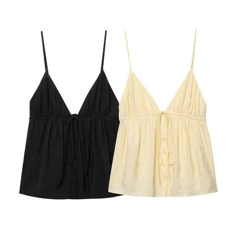 Women Cami Top V Neck Button Front Drawstring Waist Peplum Hem Thin Straps Summer Streetwear Polyester Nylon Cotton