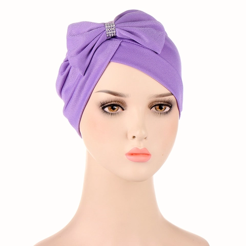 Bonnet Turban Élégant pour Femme Avec Grand Nœud Strass Mode Foulard Musulman Tissu Crêpe Extensible Turban pour Dame