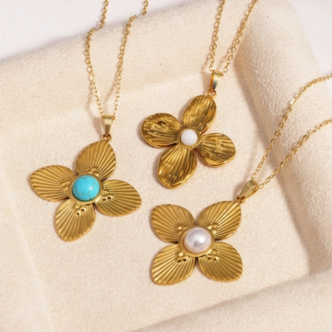 Collar Con Colgante De Flor De Trébol Vintage Acero De Titanio Con Turquesa Ojo De Tigre Concha Joyería Elegante Mujer