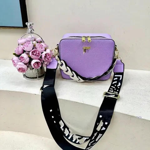 Women Crossbody Bag PU Leather Litchi Grain Square Box Shoulder Bag Wide Webbing Strap Chunky Chain Decoration
