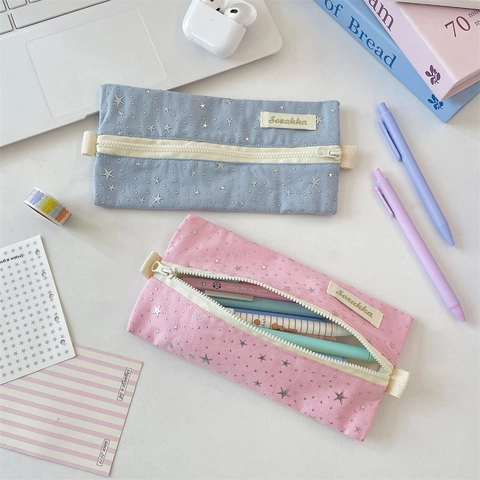 Star Print Pencil Case Canvas Large Capacity Zippered Stationery Storage Pouch Pastel Kawaii Organizer For School Office