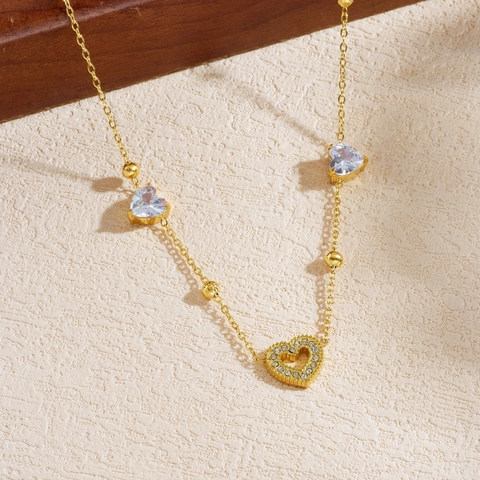 Heart Pendant Necklace Stainless Steel Gold Plated With White Zirconia Beads Fashion Jewelry For Women Clavicle Chain