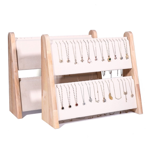 Necklace Display Stand Wood Velvet Multi-Row Foldable Jewelry Organizer Holder Slanted Countertop Showroom Display