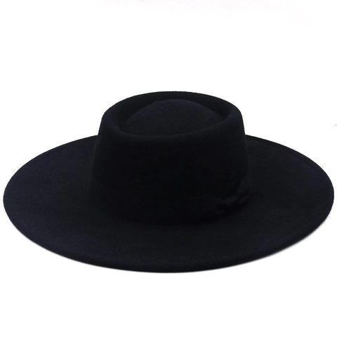 Vintage Boater Hat Polyester Felt Flat Top Wide Brim With Ribbon Bow Elegant French Style For Women