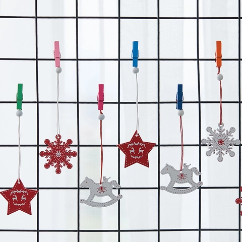 Wooden Christmas Hanging Ornaments Boxed Red White Nordic Snowflake Star Reindeer Pendants Holiday Tree Decor