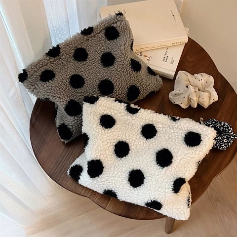 Borsa Trucco In Peluche A Pois Lana D'agnello Organizzatore Cosmetici Pochette Con Cerniera Portatile Per Donna