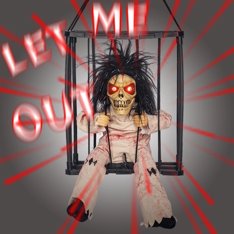 Halloween Käfig Geist Gefangener Skelett Hängende Dekoration Rote Leuchtende Augen Schreiender Sound Bewegungssensor Requisite