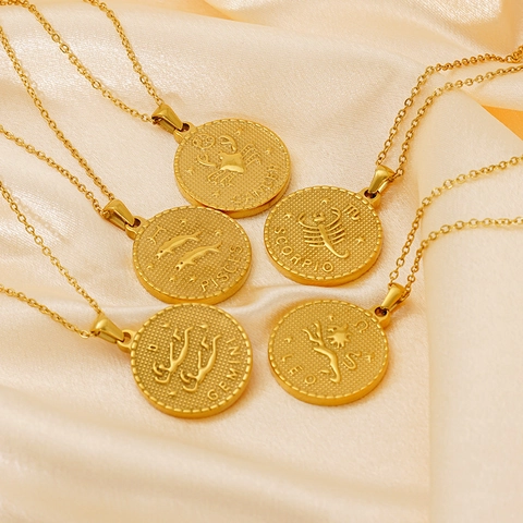 Collana Pendente Segno Zodiacale Vintage Placcato Oro 18K Acciaio Inossidabile Moneta Rotonda Per Donne Uomini