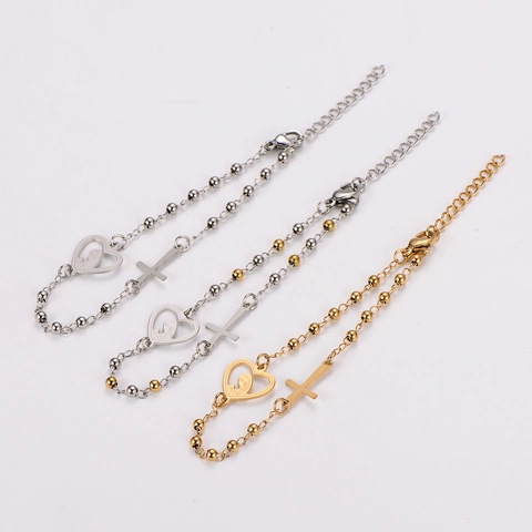 304 Roestvrijstalen Bolletjesketting Armband Met Kruis En Hart Maagd Maria Hanger Religieuze Sieraden