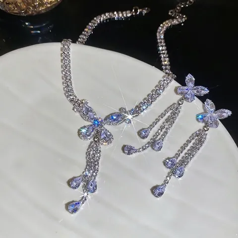 Elegant Butterfly Tassel Necklace And Earrings Jewelry Set Copper With Zircon Silver Earring Post For Women