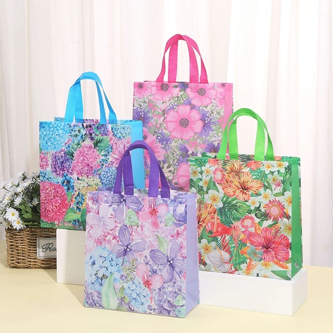 Floral Non-Woven Gift Bags Reusable Laminated Waterproof Tote For Wedding Party Favors Shopping Decorative Handled