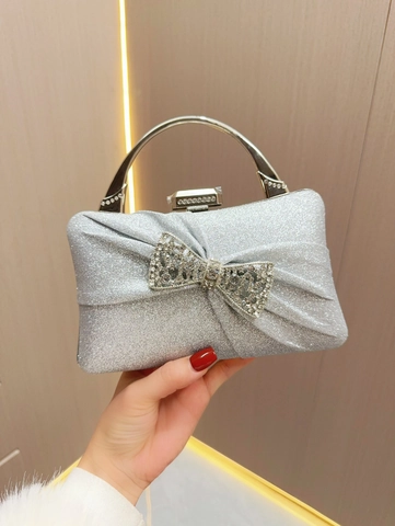 Ruched Glitter Evening Bag Rhinestone Bowknot Metal Handle Shimmer Wedding Party Clutch Handbag With Chain Strap