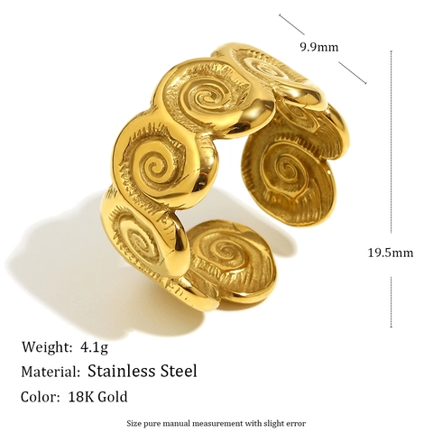 Vintage Spiral Vortex Open Ring Stainless Steel 18K Gold Plated Conch Texture Adjustable Fashion Jewelry
