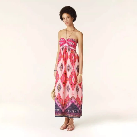 Halter Maxi Dress Polyester Ethnic Print Bohemian Vacation Beach Wear Lace-up High Waist Sleeveless Pink For Women