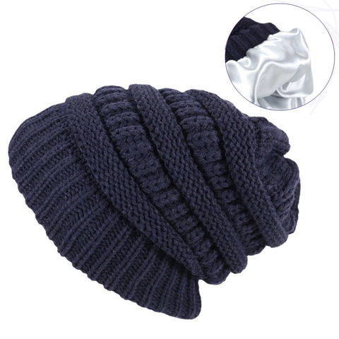 Slouchy Strickmütze Beanie Für Damen Herren Satingefüttert Warm Winter Zopfmuster Acryl Totenkopfkappe Haarschutz