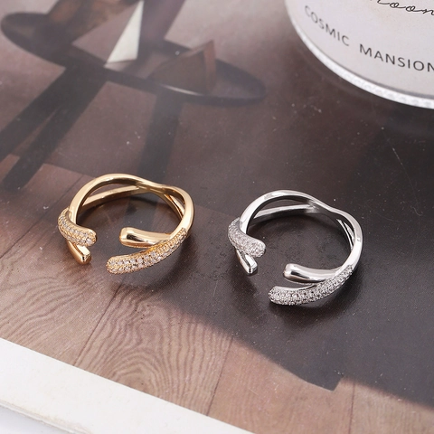 Geometrischer Offener Ring Kupfer Zirkonia Verstellbar Asymmetrisch Minimalistischer Schmuck Für Frauen