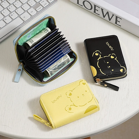 Cartoon Bear Accordion Card Holder PU Leather Multi Slot Zipper Wallet Portable Purse For Women Students Lovely