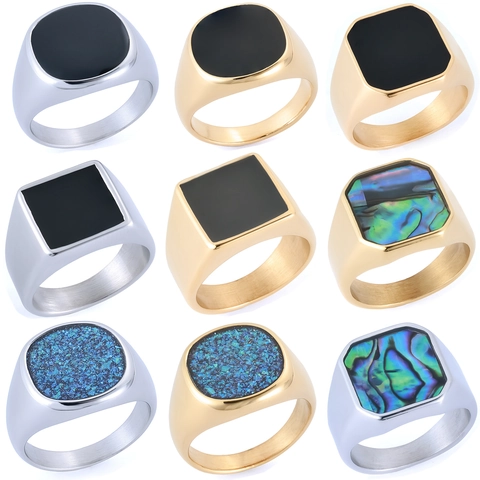 Men Signet Ring Stainless Steel Abalone Shell Black Epoxy Vintage Geometric Polished Band Jewelry Accessory