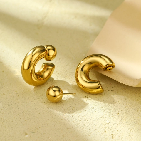 Modieuze Minimalistische Roestvrijstalen C-vormige Hoepel Oorbellen Voor Dames 18K Vergulde Holle Buis Bol Oorknopjes Geometrische Sieraden