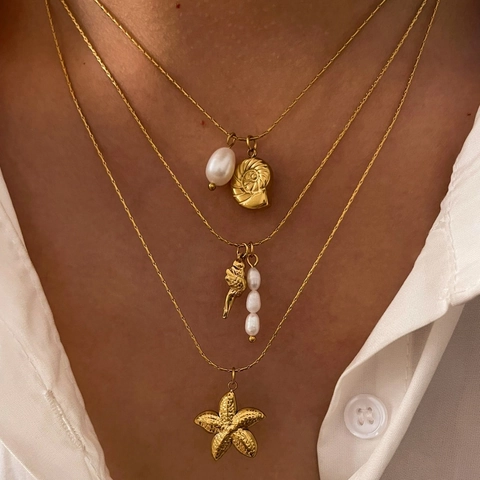 Collar De Acero Inoxidable Con Perla De Agua Dulce Y Colgante De Estrella De Mar Caracola Chapado En Oro 18K Joyería