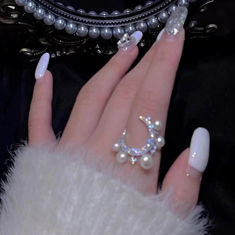Anello Aperto Regolabile Elegante Luna E Stella Con Imitazione Perla Artificial E Zircone Gioielli Da Dito In Lega Donne
