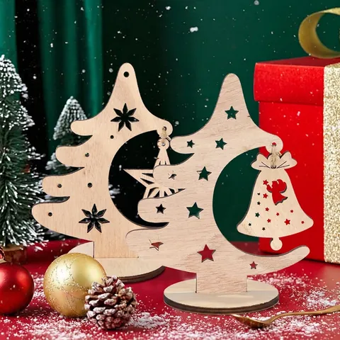 Decorazione Da Tavolo Albero Di Natale In Legno Cavo Luna Stella Campana Design DIY Legno Naturale Per Casa Ufficio